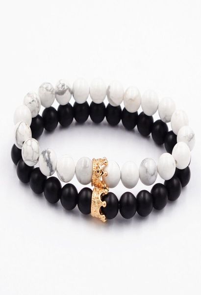 

2pcsset couple bracelets for lovers crown queen charm stone beads bracelets for women and men jewellery gift6236848, Golden;silver