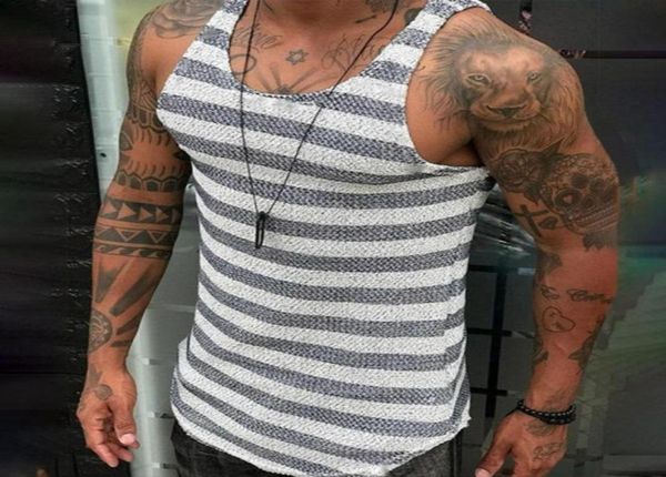 

men vests summer sleeveless shirts gym clothing stripped sports casual fitness knit tanks slim fit mens bodybuilding men0399624203, White;black