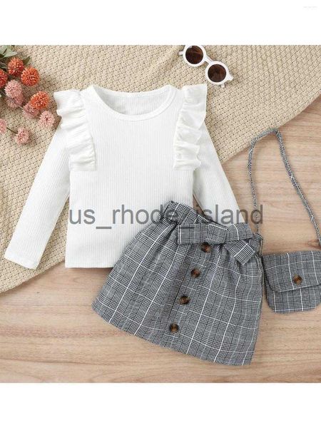 

t-shirts clothing sets girls fall outfit solid color ruffle t-shirt with born plaid skirt belt bag - trendy clothes for kids (4-7t) x0714, Blue