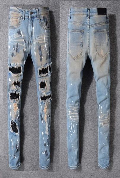 

fashion men039s jeans runway slim racer biker jeans 1135 hiphop skinny men denim ripped joggers pants male wrinkle jean trouse1583551, Blue