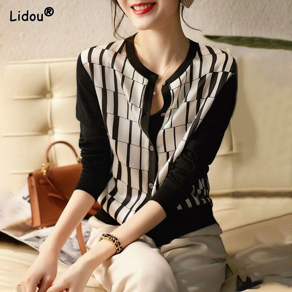

women's knits tees black white lattice o-neck spliced cardigan ice silk knitting single breasted women's clothing office lady plai