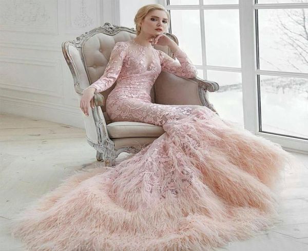 

luxury pink muslim prom dresses feather long sleeves lace applique trumpet evening gowns high collar sweep train mermaid party dre5855406, Black