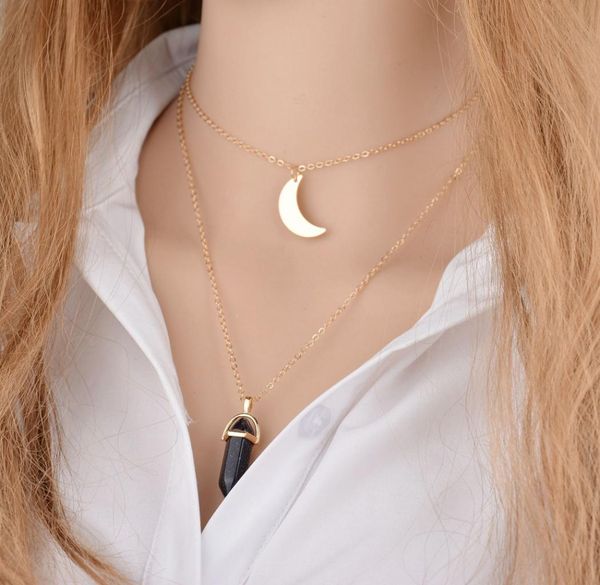 

fashion multi layer choker hexagonal prism moon pendant necklace bullet shape natural stone gemstone charm gold chains for women j8346127, Silver