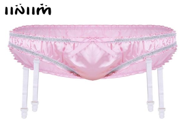 

iiniim mens lingerie shiny stretchy satin ruffled lined sissy briefs jockstraps underwear gay male panties with plastic garters3677793326, Black;white
