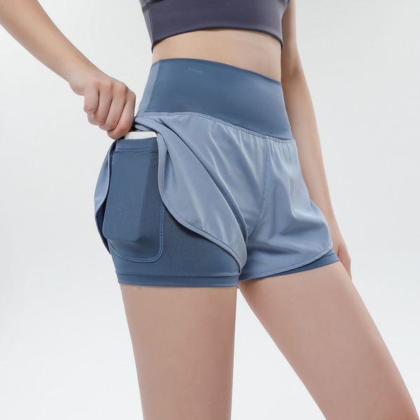 

lu women sports yoga shorts outfits high waist sportswear fake two pieces zipper pocket fitness wear short pants girls running elastic lu185