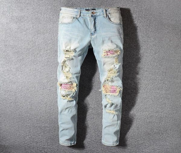 

men039s jeans retro light blue ripped jeans pink patch stitching slim pencil pants8259290