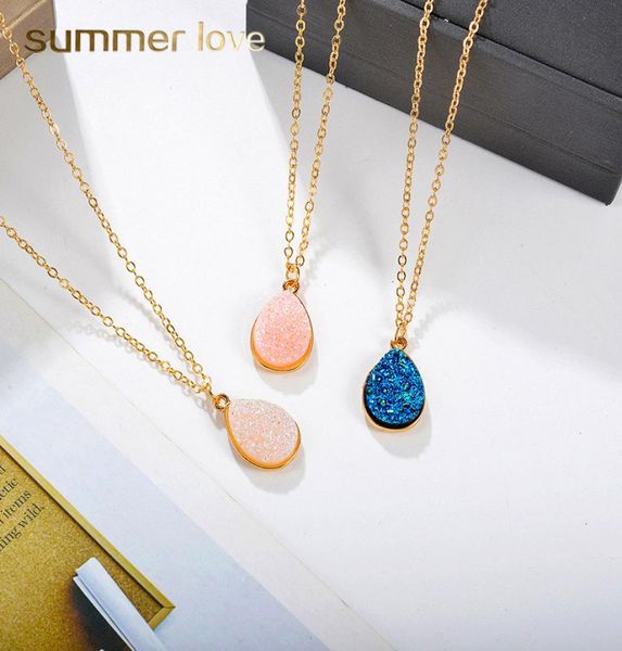 

teardrop resin stone crystal druzy pendant necklace for women gold plating white pink blue necklace fashion jewelry w5004130, Silver