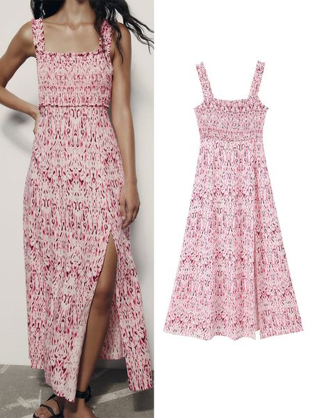 

urban dresses traf fashion women print midi dress summer beach style straight neck elastic wide shoulder straps front hem split dress 230713, White;black