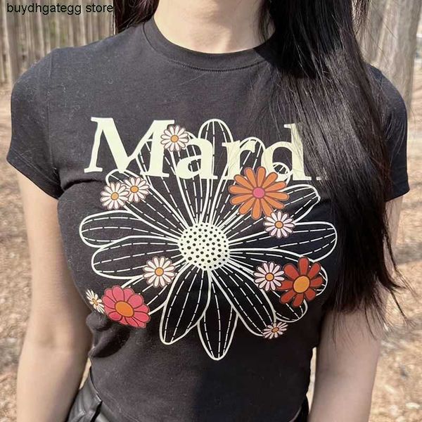 

women's t-shirts fashion brand mardi korean little popular kim go-eun same daisy print spice girl straight shoulder tight short sleeve, White
