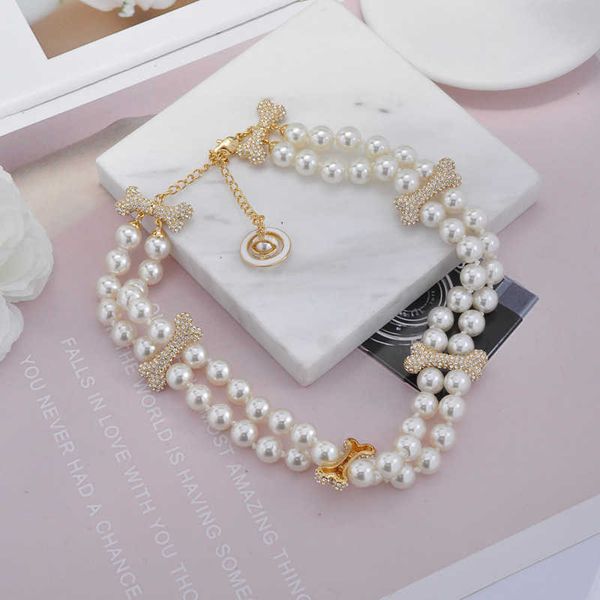 

high version western empress dowager vivivienne double layer pearl full diamond bone necklace with stylish celebrity style, Silver