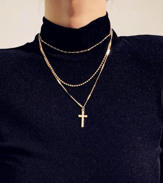 

hc vintage gold color thin chain necklace multi layer cross pendant punk beads link necklace for women men goth choker jewelry t8589486, Silver