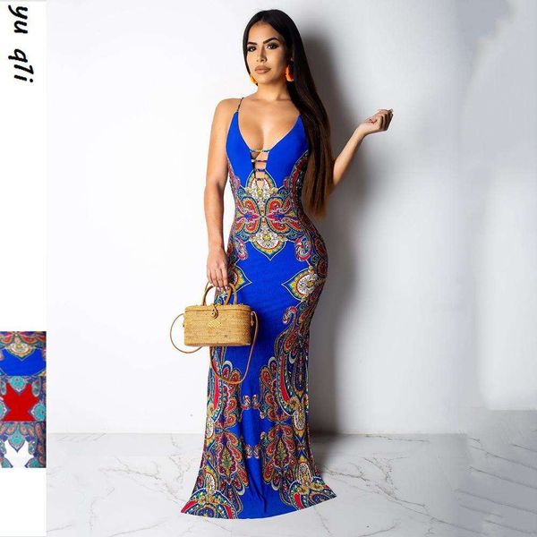 

summer ethnic print slim fit slip mop long dress, Black;gray