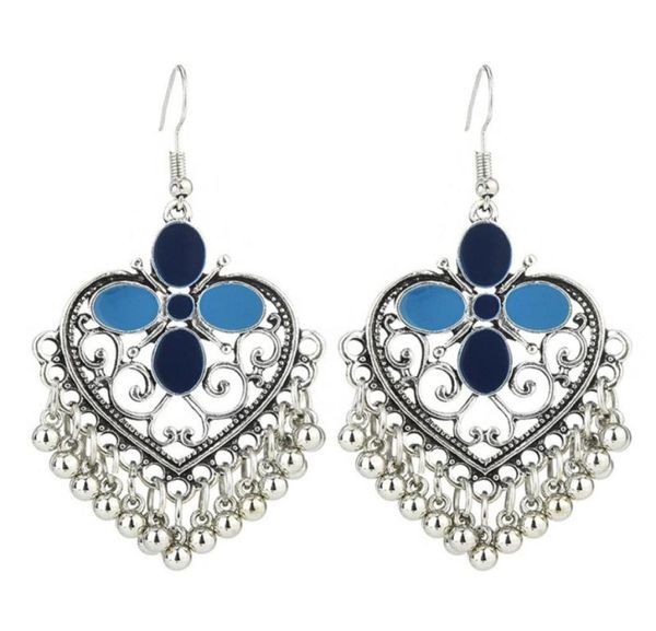 

women039s retro temperament heartshaped indian dangle earrings female ethnic hollow out metal ball tassel trend earring jhumka47861347288, Silver