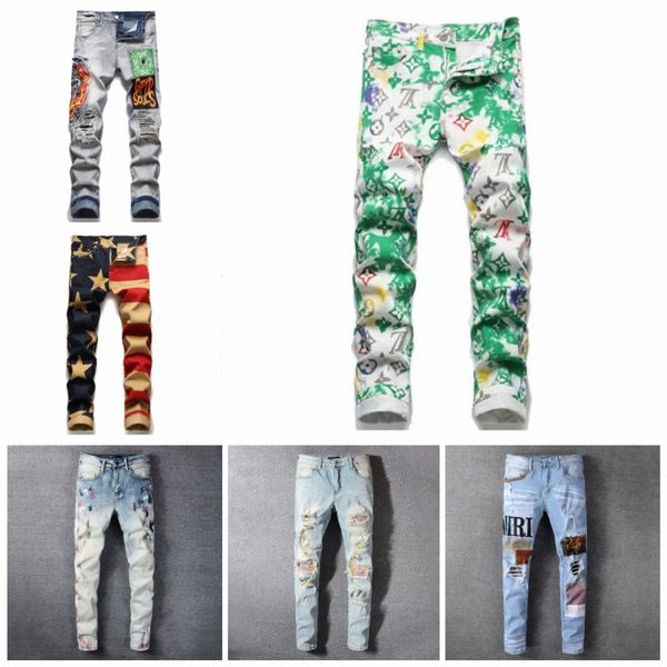 

designer mens jeans cool style luxury fashion embroidered patches denim pant distressed ripped biker black blue men slim pencil jean slim fi
