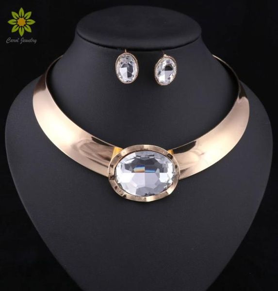 

statement women choker necklace earrings set gold color african chunky rhinestone pendant necklace collar jewelry sets5748735, Slivery;golden
