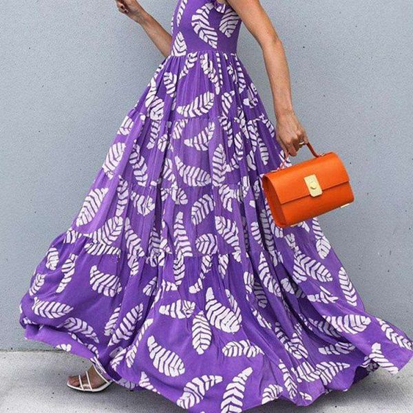 

spring and summer womens violet print sleeveless waist controlled large hem dress, Black;gray