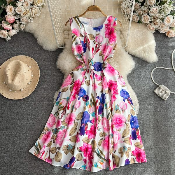 

luxury and elegant style sleeveless round neck with waist for thin 3d cut a-line printed tank dress, Black;gray