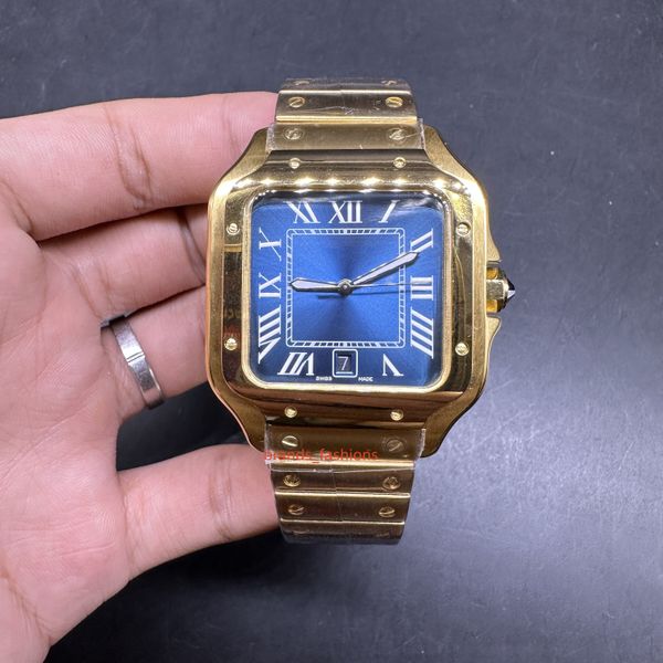 

gold stainless steel men's watch blue square dial fashionable men's watches popular boutique automatic mechanical watch, Slivery;brown
