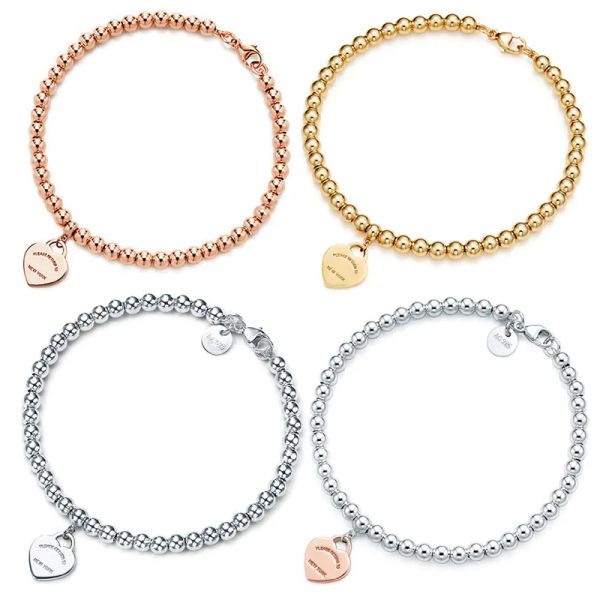 

tiff 100% 925 silver 4mm round bead love heart-shaped bracelet female thickened bottom plating for girlfriend souvenir gift fashion charm je, Golden;silver