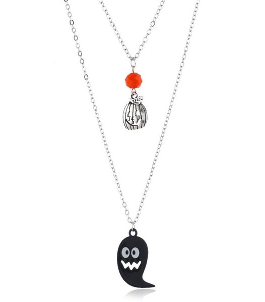 

halloween jewelry pumpkin ghost pendant necklace charms doublelayered alloy sweater chain gifts for men and women7401468, Silver