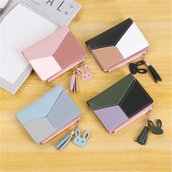 

2023 new tri color splice short wallet for women girls fashion zipper bump pendant macaron