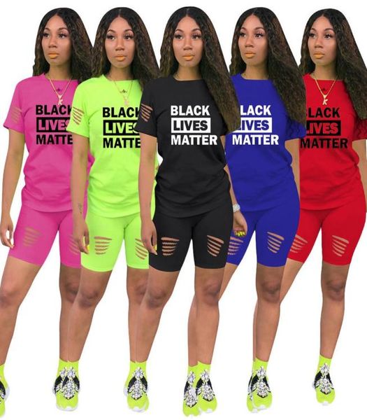 

black lives matter letter tracksuit women 2 piece shorts set ripped holes short sleeve tshirt outfit summer sports tees suit6027672, White