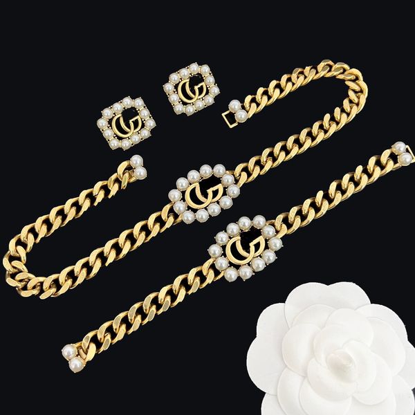 

neutral desiign pearl inlay cuba choker necklaces bracelet brass ear studs earring classic sets fashion thick chain bangle for men women des, Black