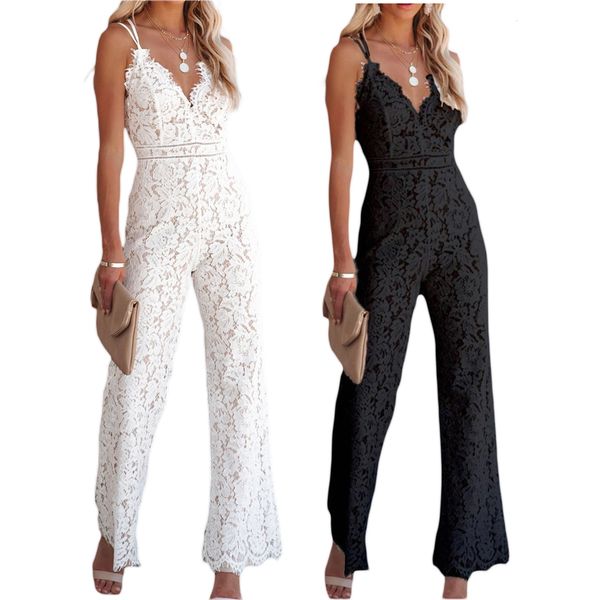 

women's jumpsuits romper elegant jumpsuit spaghetti straps v neck solid color lace open back onepiece wide leg long playsuit 230714, Black;white