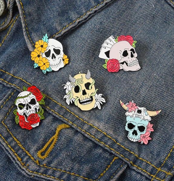 

flower bush skull enamel pins custom skeleton brooches lapel badges colorful punk gothic jewelry gift for friends1124058, Blue