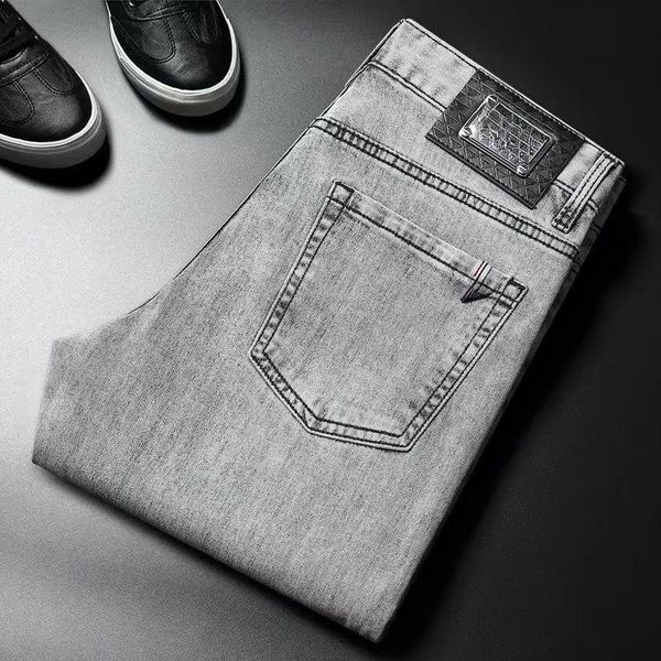 

designer luxury men's jeans blue wash triangle slim letter high street stretch jeans straight leg casual pants