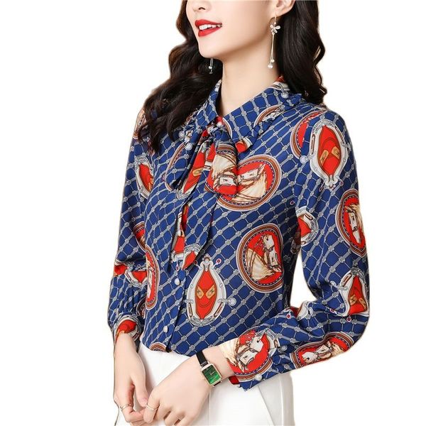 

vintage lapel ribbon bow satin shirts designer 2023 women fashion print long sleeve blouses office lady elegant button shirt sweet girl chi, White