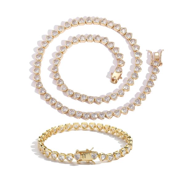 

hip hop love heart tennis chain necklace bracelet jewelry set real gold plated, Silver