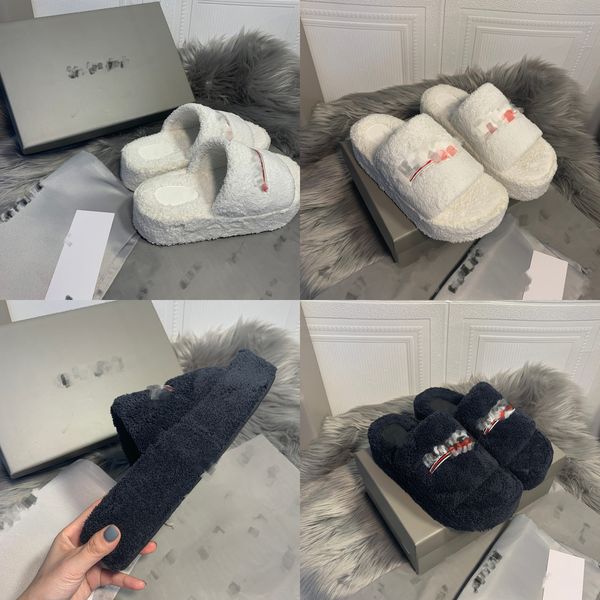 

designer paris slippers 23ss towel terry wool sandals women outdoor fashion shoes furry slides winter slider flip flops platforms chunky pol, Black