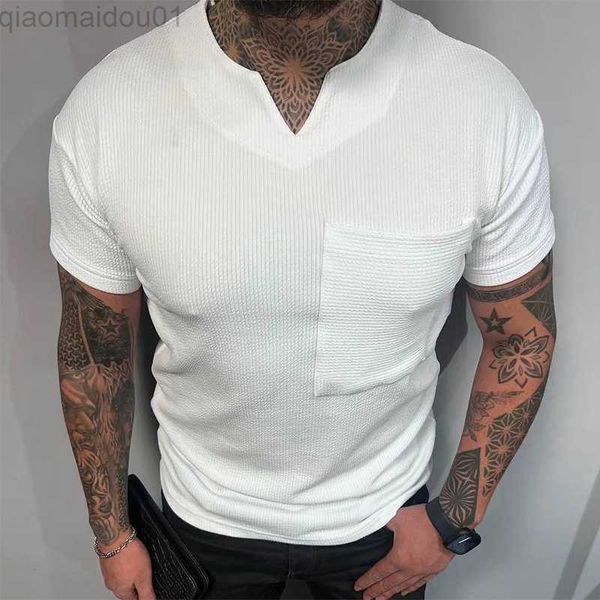 

men's t-shirts spring summer short sleeve ribbed casual t shirts men solid color v neck slim pullover 2023 streetwear men's tees, White;black