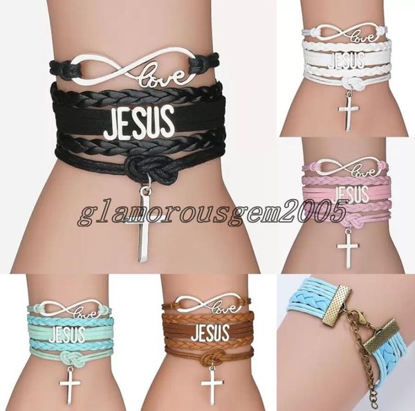 

new cross charm braided leather rope bracelets for women men religious jesus love infinity wristband handmade jewelry in bulk7100074, Golden;silver