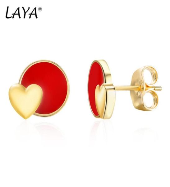

laya silver heartshaped circle stud earrings for women 925 sterling silver simple design red fine jewelry handmade enamel 2022 tr38498916, Golden;silver