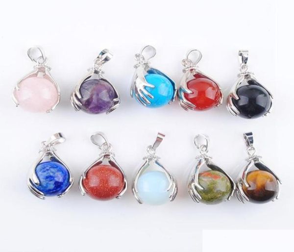 

pendant necklaces natural gemstone dangle pendant hands palm reiki chakra 16mm round ball beads stone amethyst rose quartzs luluba6861681, Silver