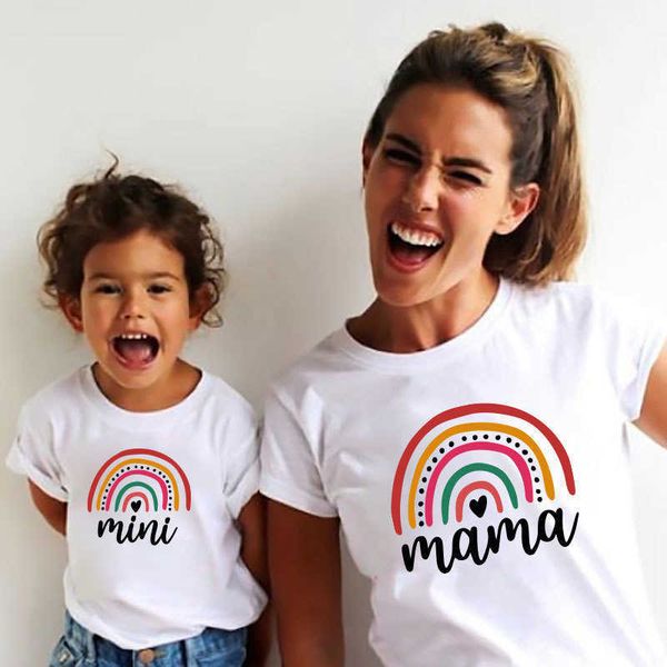 

summer t shirt for mother and kids clothes round neck short sleeved rainbow print graphic tee family matching t-shirts outfits, Blue