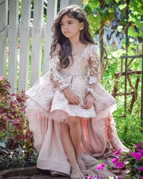 

pink high low long sleeve flower girl dresses v neck lace applique ruffles girls pageant gowns children a line kids prom party dre4074693, White;blue