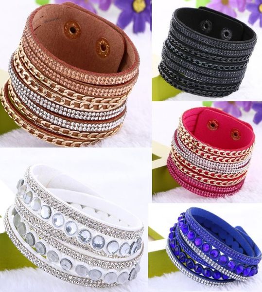 

2 styles multilayer wrap bracelet big crystals flocking leather charm bangles with chains wristband women christmas gift3409201, Golden;silver