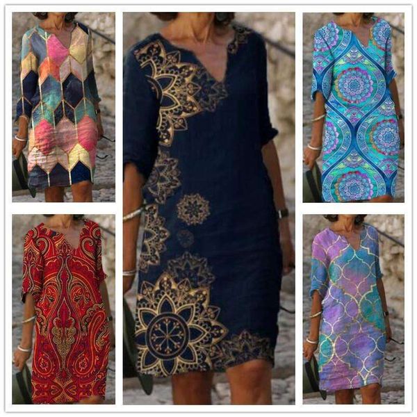 

spring and summer v neck mid length slim fit printed dress seven colors size, Black;gray