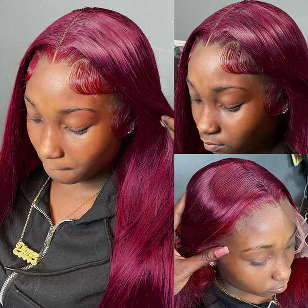 

2023 new burgundy red straight lace front wigs human hair wigs glueless colored 13x4 13x1 transparent hd wigs, Black;brown