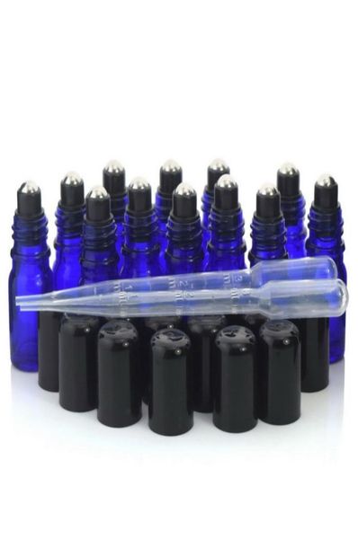 

12 x 5ml cobalt blue glass bottles roll on vials with stainless steel roller ball cap lid for perfume essential oil aromatherapy1777537