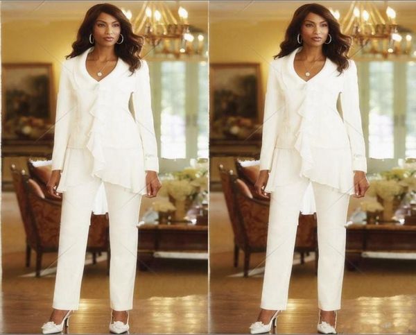 

2018 new sheath elegant three pieces mothers pant suits custom made ruffles chiffon mother of the bride gowns long sleeves2743887, Black;red
