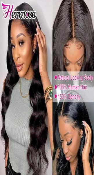 

lace wigs hermosa body wave wig 4x4 closure for women remy brazilian human hair preplucked with baby70663031771235, Black;brown