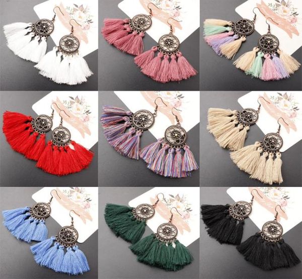 

vintage long tassel drop earring bohe punk ethnic fashion multicolor cotton thread fan shape fringe earrings for wome5421028, Silver