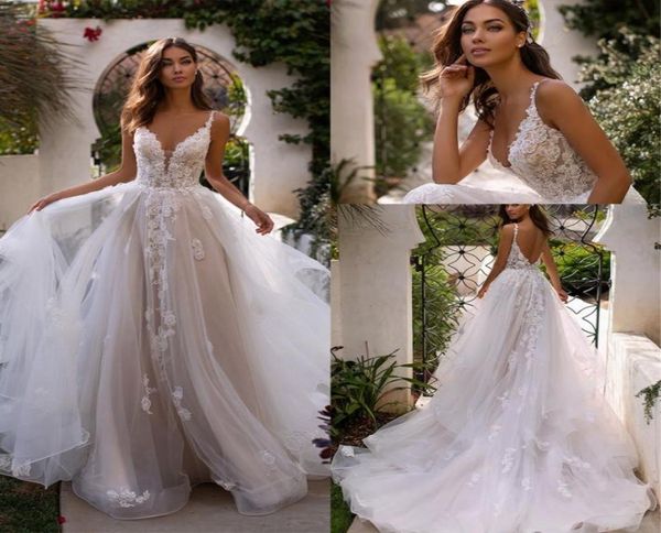 

beach bohemian lace a line wedding dresses spaghetti straps tulle layered ruffles backless sweep train wedding bridal gowns vestid5789833, White