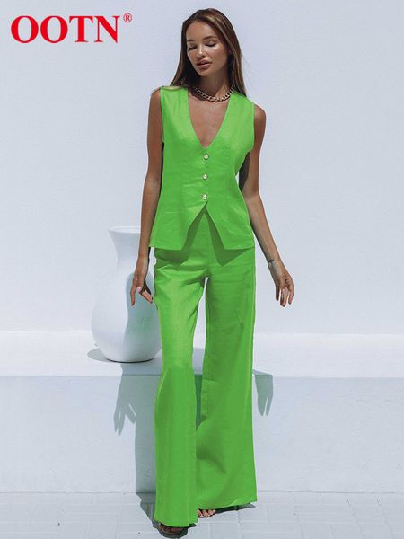 

women's two piece pants ootn office 2 pieces sets elegant cotton linen v-neck sleeveless button vest outfit summer high waist wide trou, White