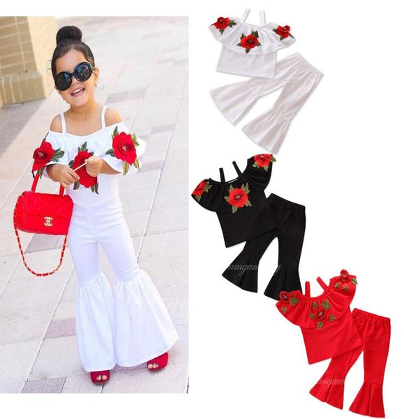 

fashion 2018 kids girls clothing baby girl flower offshoulder strap long flare pants two pieces kids suits toddler girls clo1913161, White
