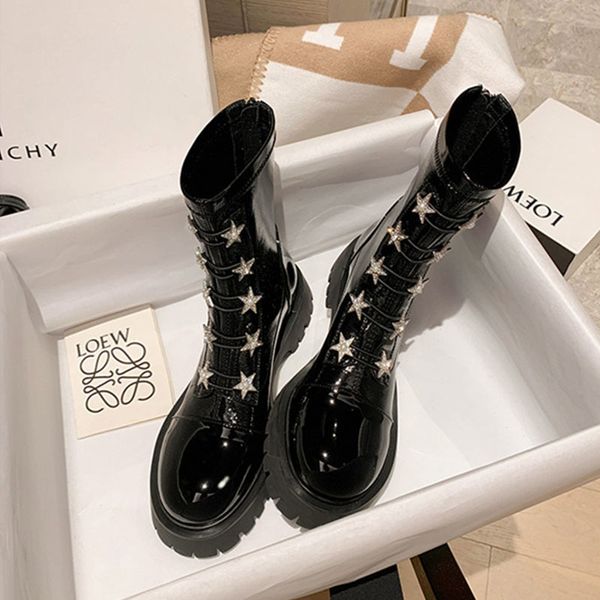 

boot mid calf autumn winter woman fashion lace up ladies chelsea zipper botas mujer platform heel shoes 230714, Black